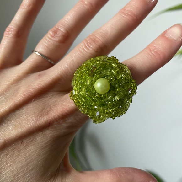 Jewelry - Handmade Beaded Flower Ring‎ Adjustable Boho Green Statement Ring Jewelry Y2K